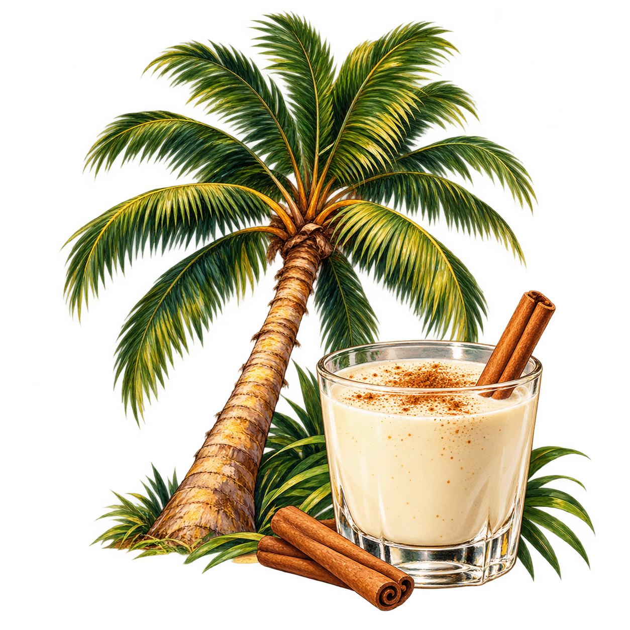 Caribbean palm tree and a glass of coquito
